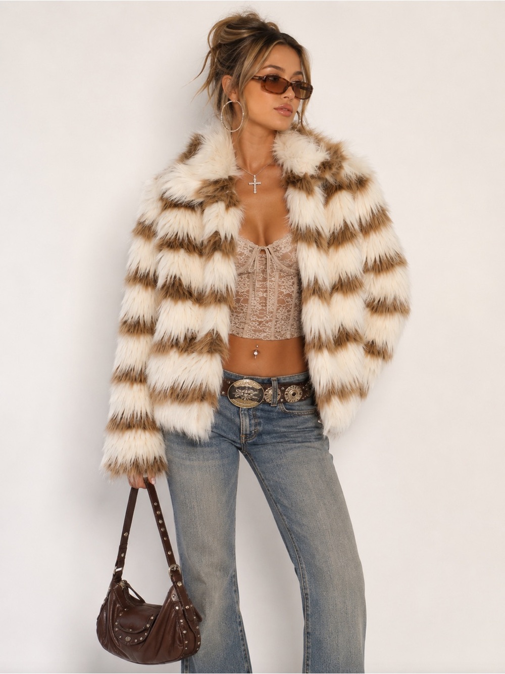 Y2K 2010s RED SNAP Faux Fur Coat Cream Brown Striped Glam Winter Jacket